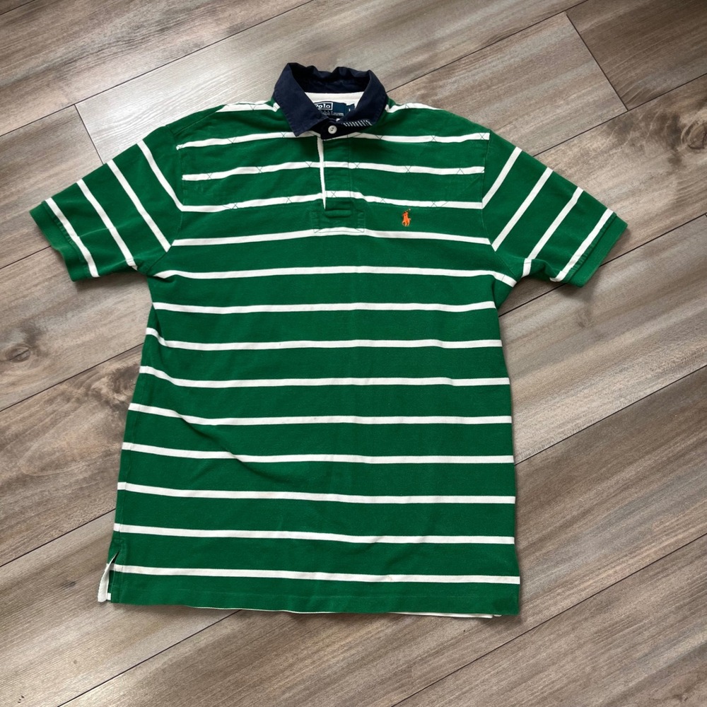 Polo Ralph Lauren Mens Green White Striped Rugby Polo Shirt Size L G-37